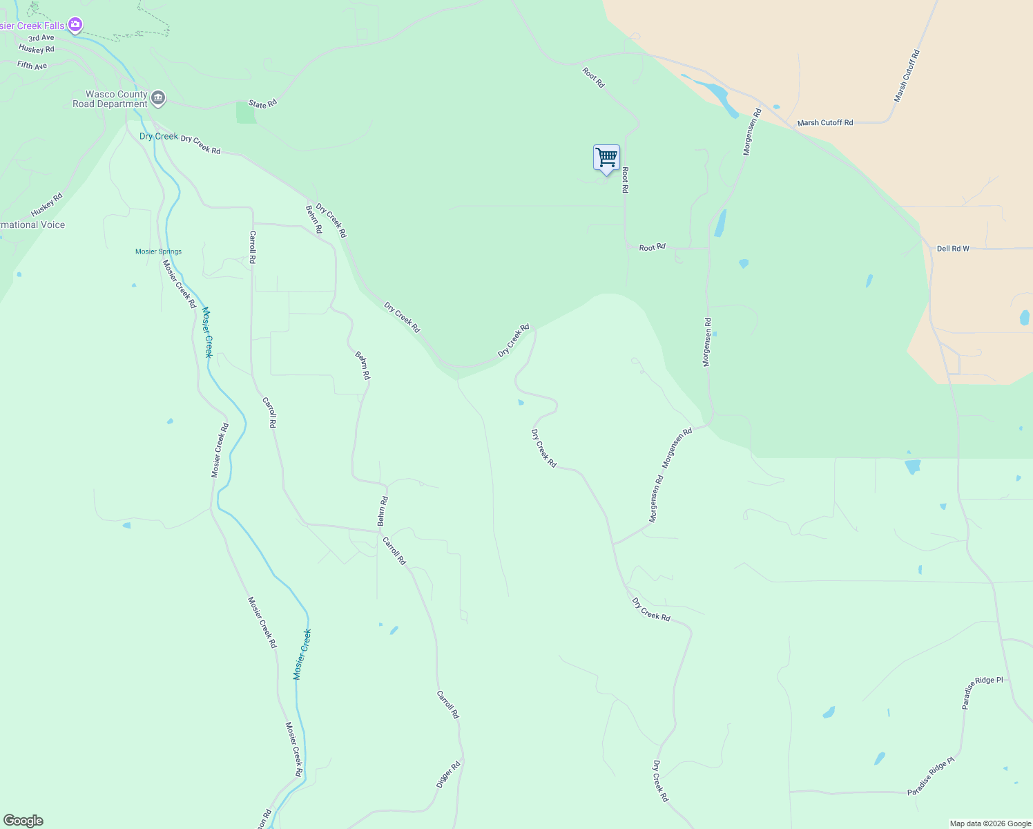 map of restaurants, bars, coffee shops, grocery stores, and more near 1360 Dry Creek Road in Mosier