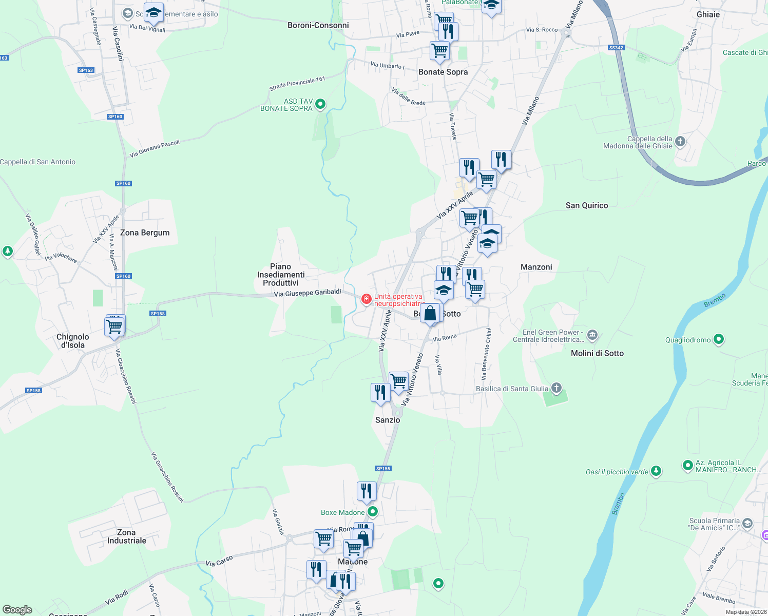 map of restaurants, bars, coffee shops, grocery stores, and more near 36 Via Giuseppe Garibaldi in Bonate Sotto