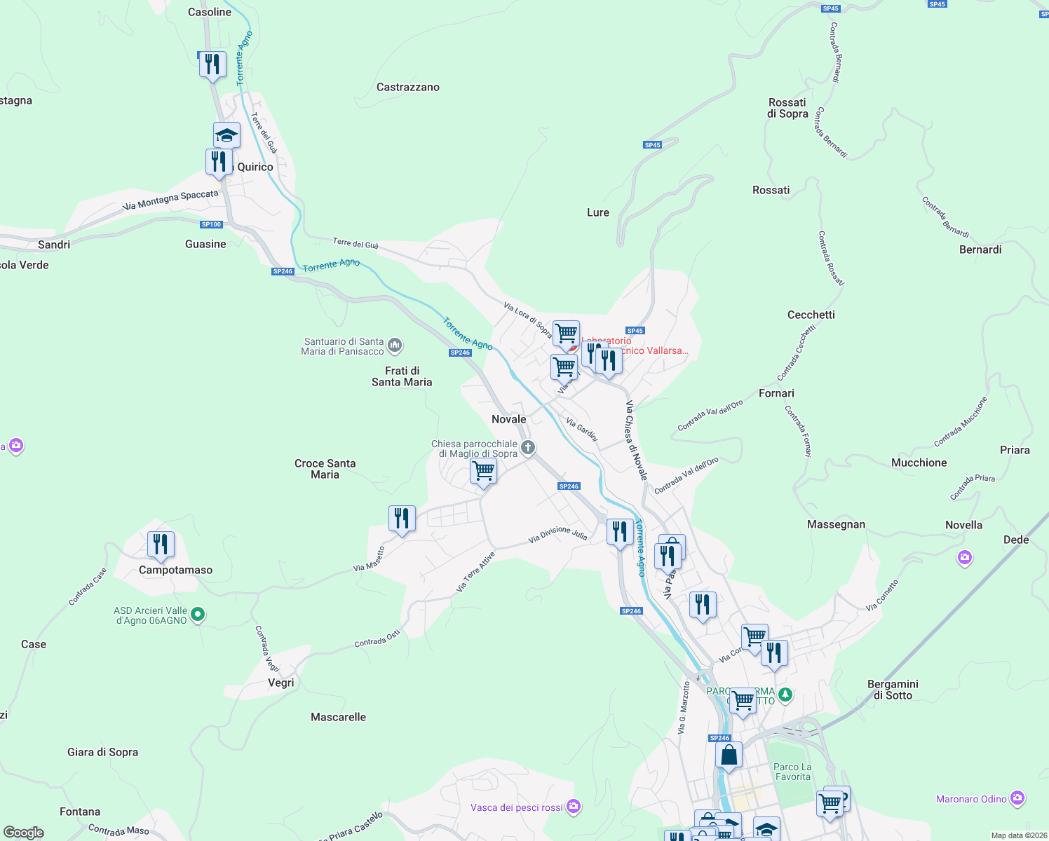 map of restaurants, bars, coffee shops, grocery stores, and more near 23 Via Santissima Trinità in Valdagno