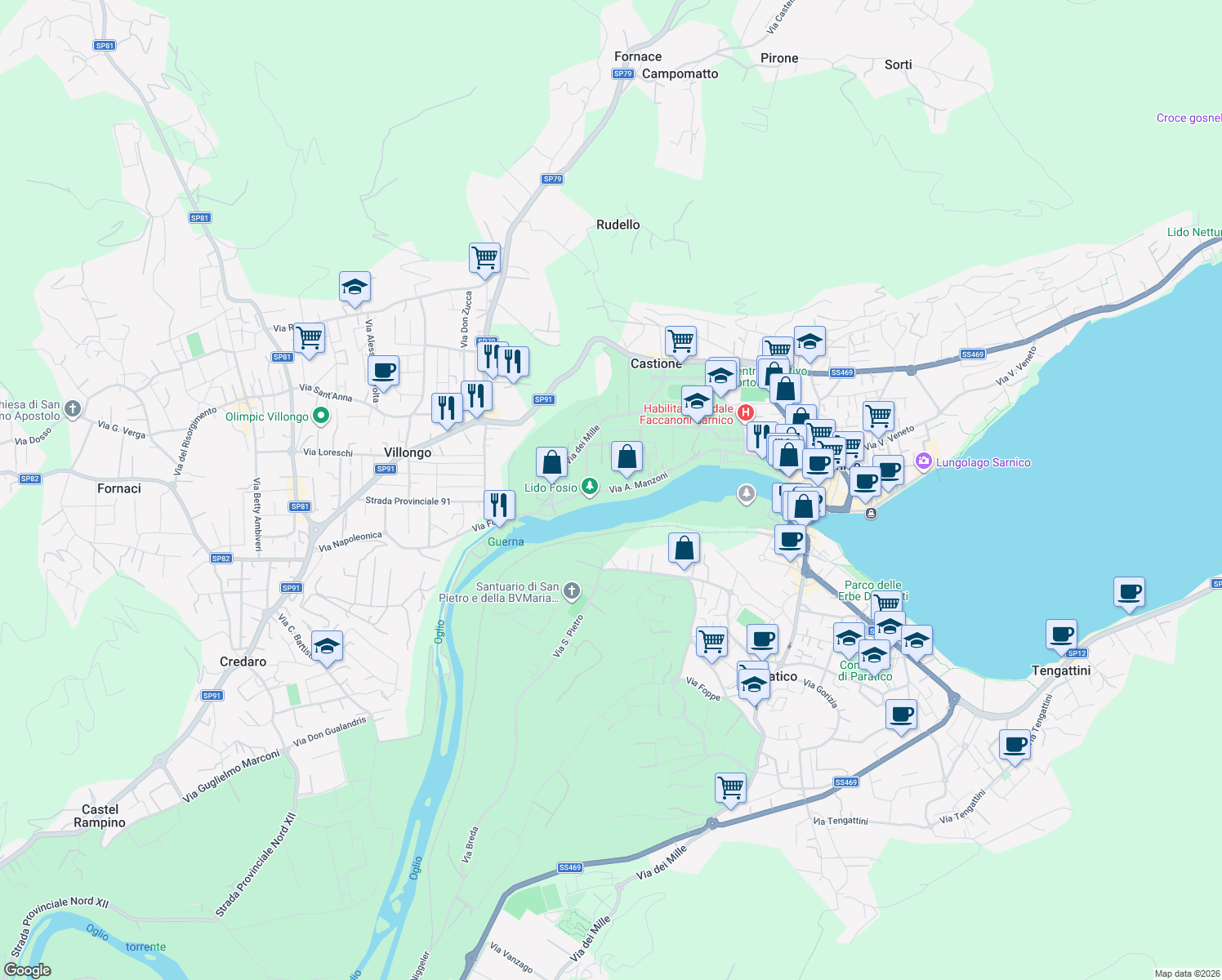 map of restaurants, bars, coffee shops, grocery stores, and more near 30 Via A. Manzoni in Sarnico