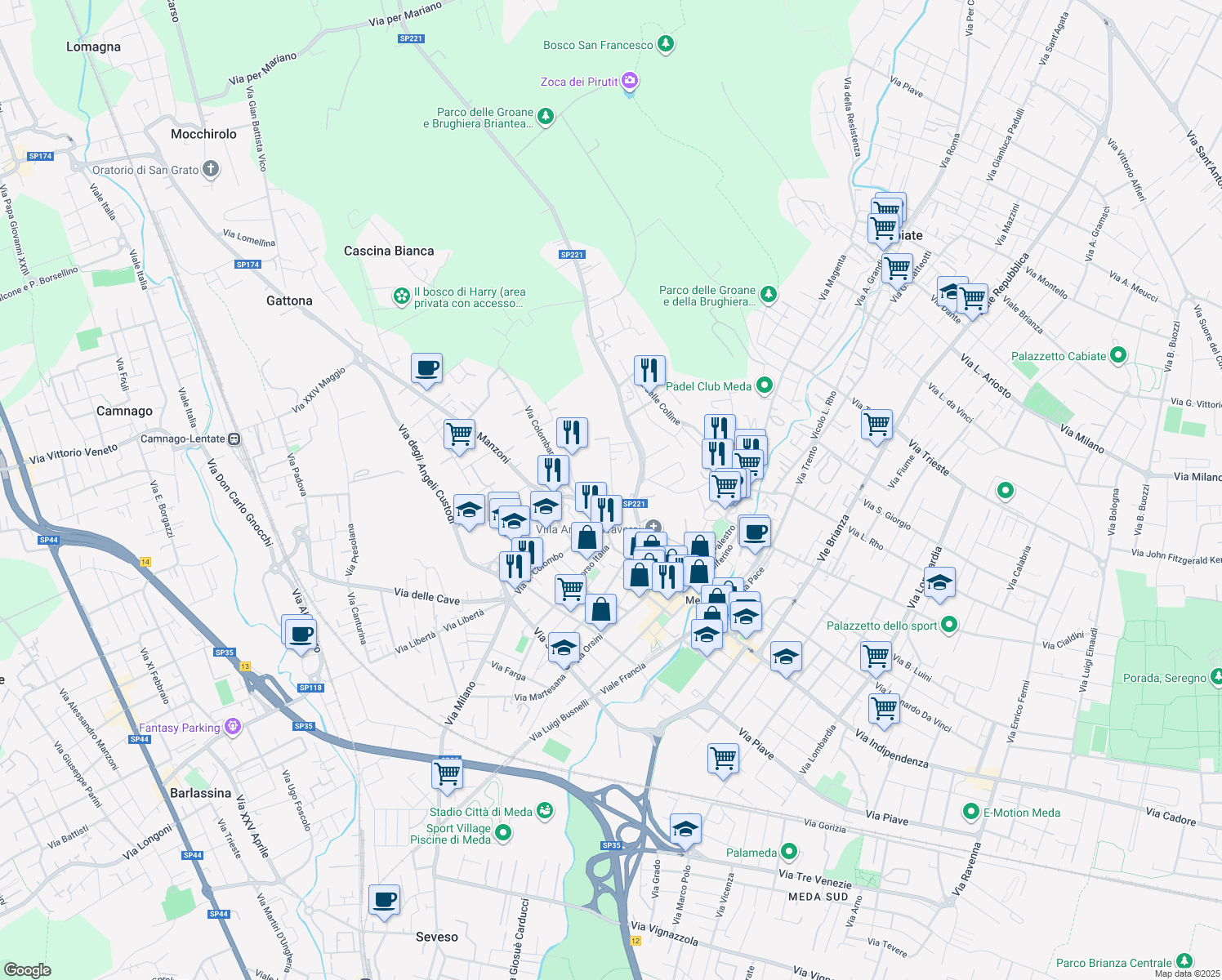 map of restaurants, bars, coffee shops, grocery stores, and more near 1 Via Fornaci in Meda