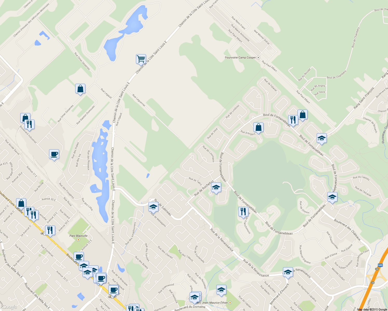 map of restaurants, bars, coffee shops, grocery stores, and more near 59 Rue de Chaumont in Blainville