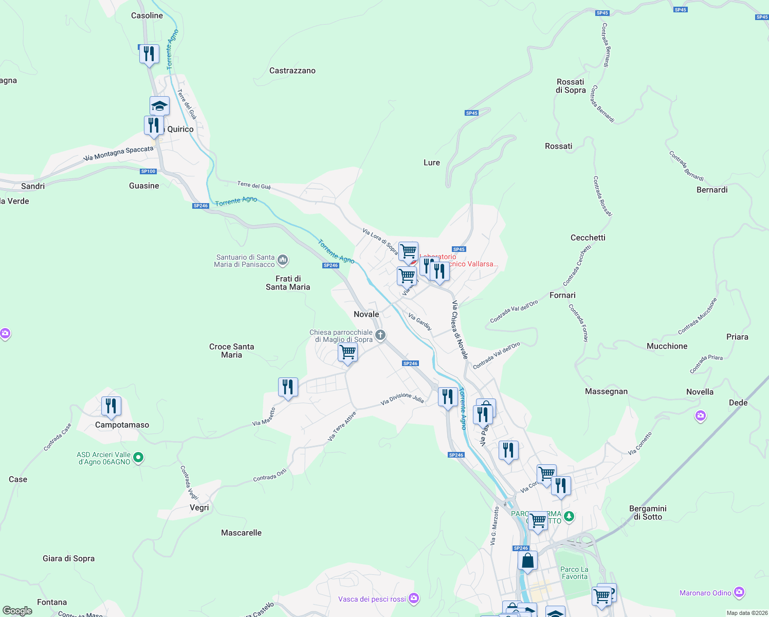 map of restaurants, bars, coffee shops, grocery stores, and more near 23 Via Santissima Trinità in Valdagno