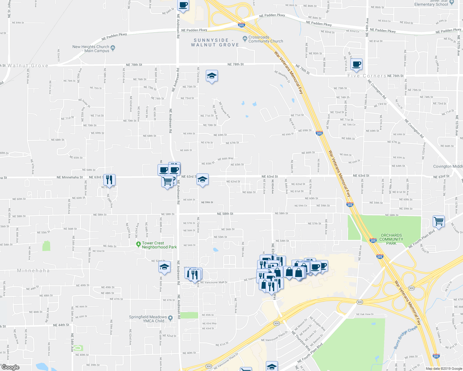 map of restaurants, bars, coffee shops, grocery stores, and more near 7603 Northeast 61st Way in Vancouver