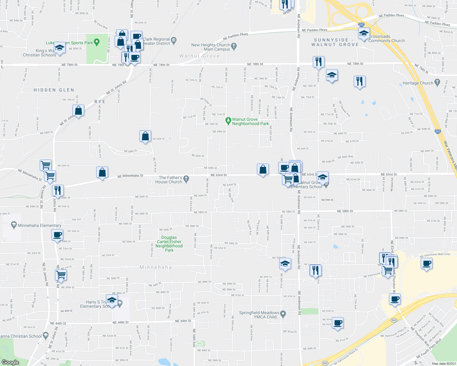 map of restaurants, bars, coffee shops, grocery stores, and more near 3180 Northeast 58th Avenue in Vancouver