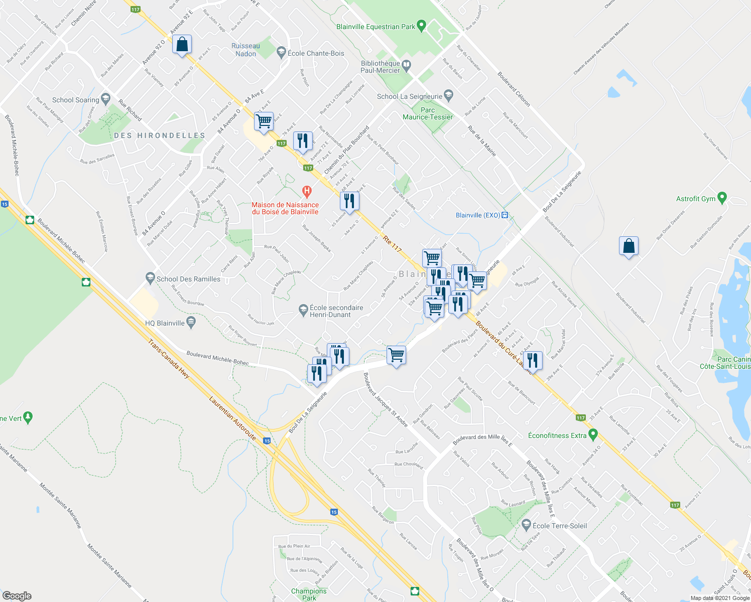 map of restaurants, bars, coffee shops, grocery stores, and more near Avenue 56 Ouest in Blainville