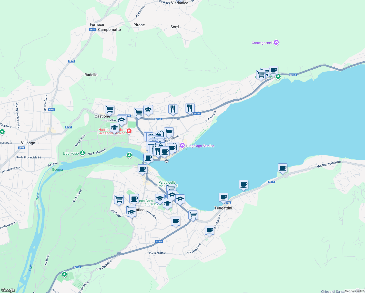 map of restaurants, bars, coffee shops, grocery stores, and more near 20a Viale Garibaldi in Sarnico
