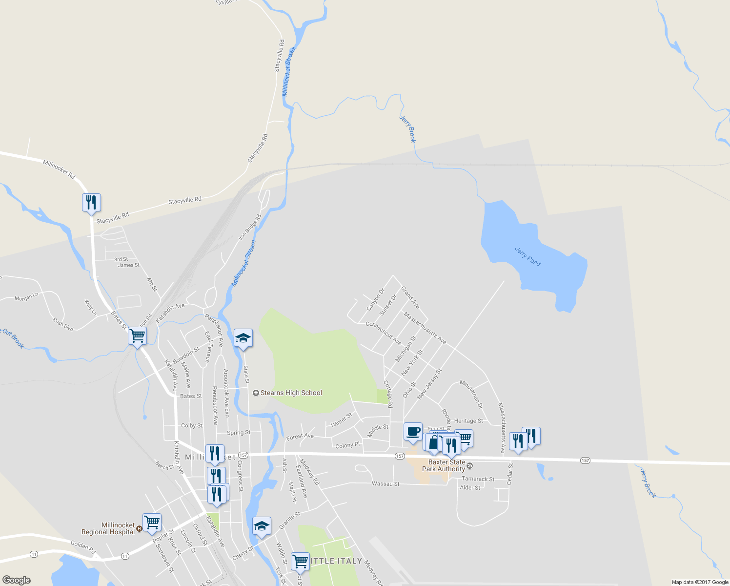 map of restaurants, bars, coffee shops, grocery stores, and more near 79 Alpine Avenue in Millinocket