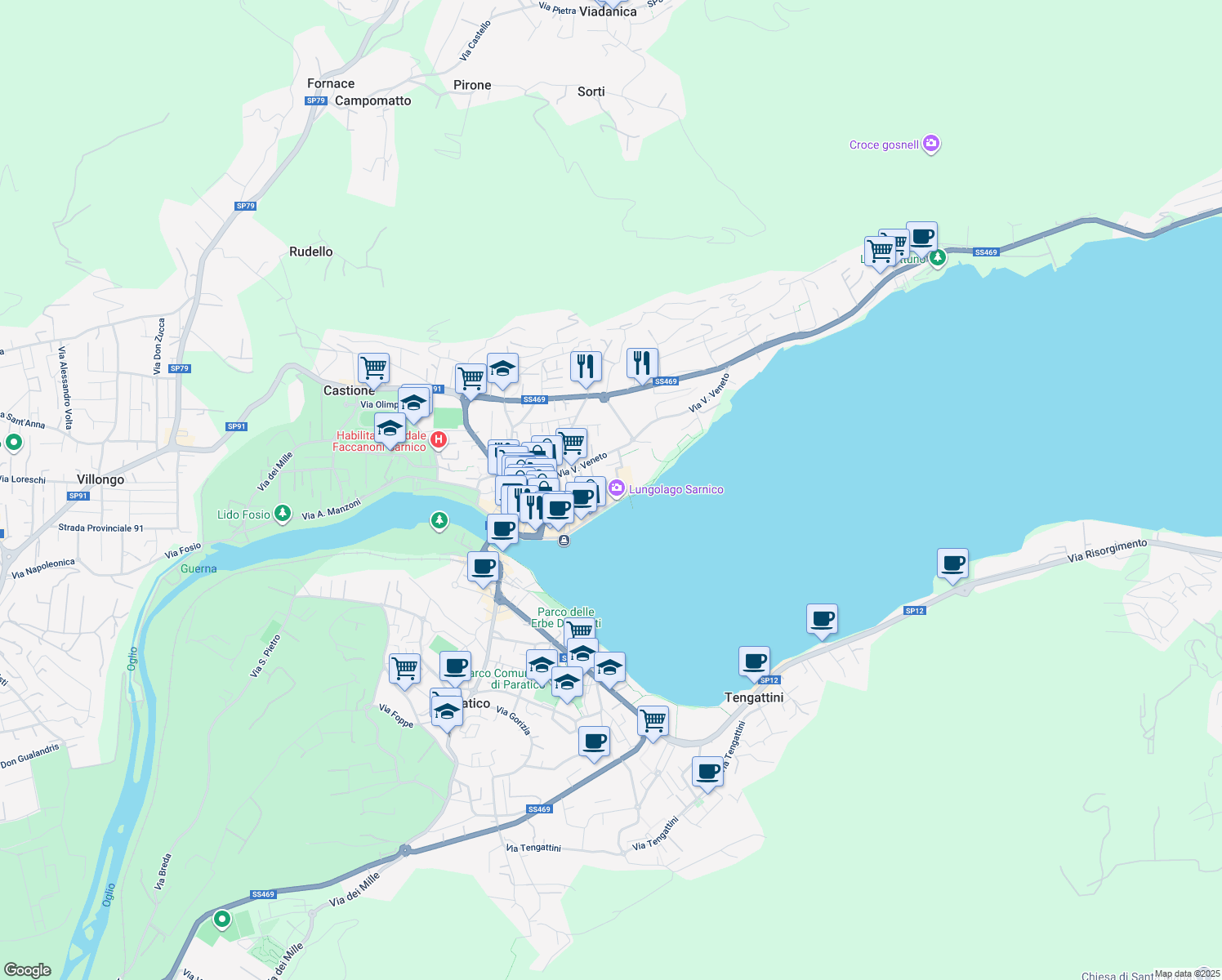 map of restaurants, bars, coffee shops, grocery stores, and more near 20a Viale Garibaldi in Sarnico
