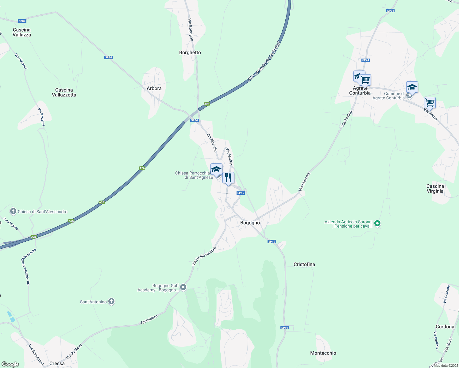 map of restaurants, bars, coffee shops, grocery stores, and more near 31 Via Martiri della Libertà in Bogogno