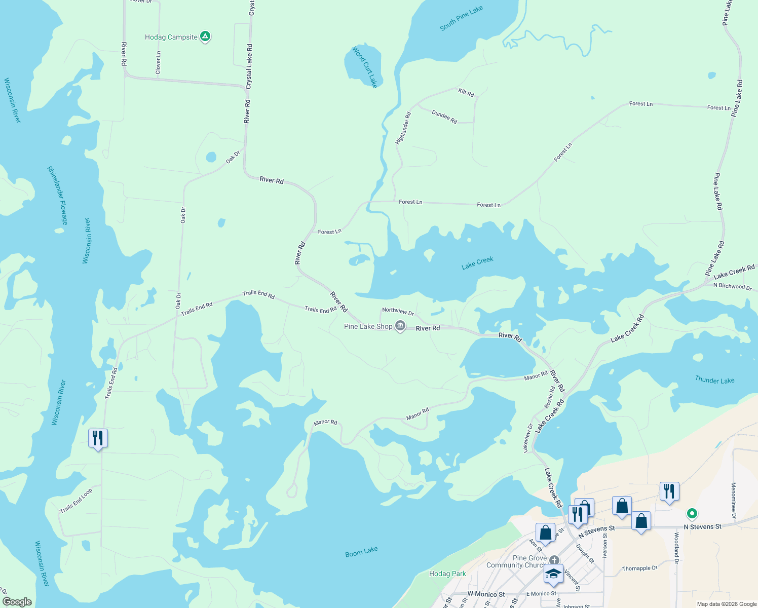 map of restaurants, bars, coffee shops, grocery stores, and more near 4215 Northview Drive in Rhinelander
