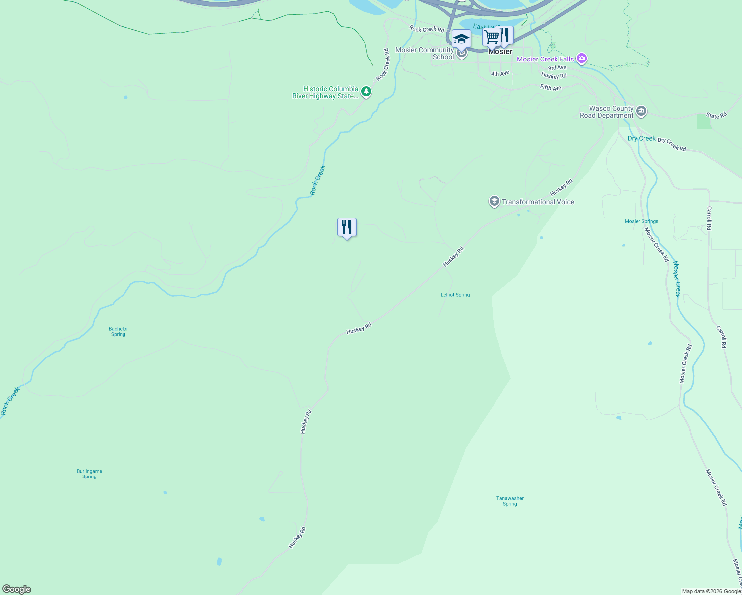 map of restaurants, bars, coffee shops, grocery stores, and more near 1145 Huskey Road in Mosier