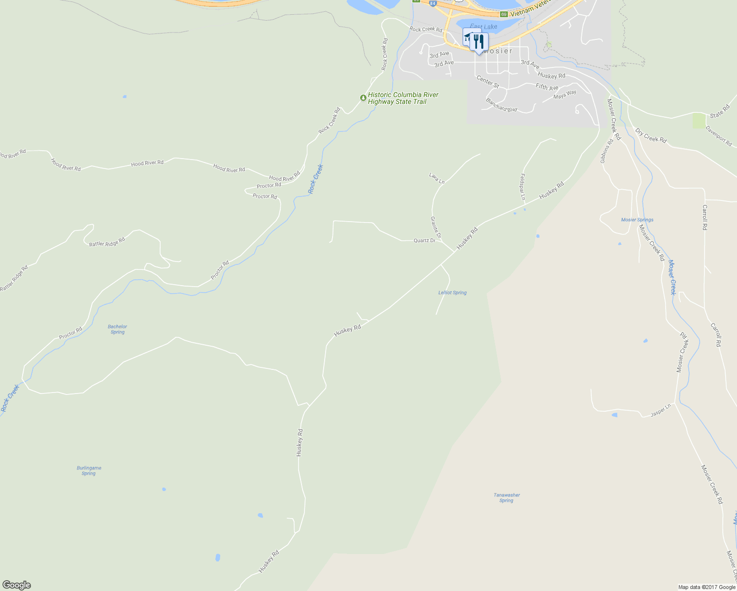 map of restaurants, bars, coffee shops, grocery stores, and more near 1145 Huskey Road in Mosier