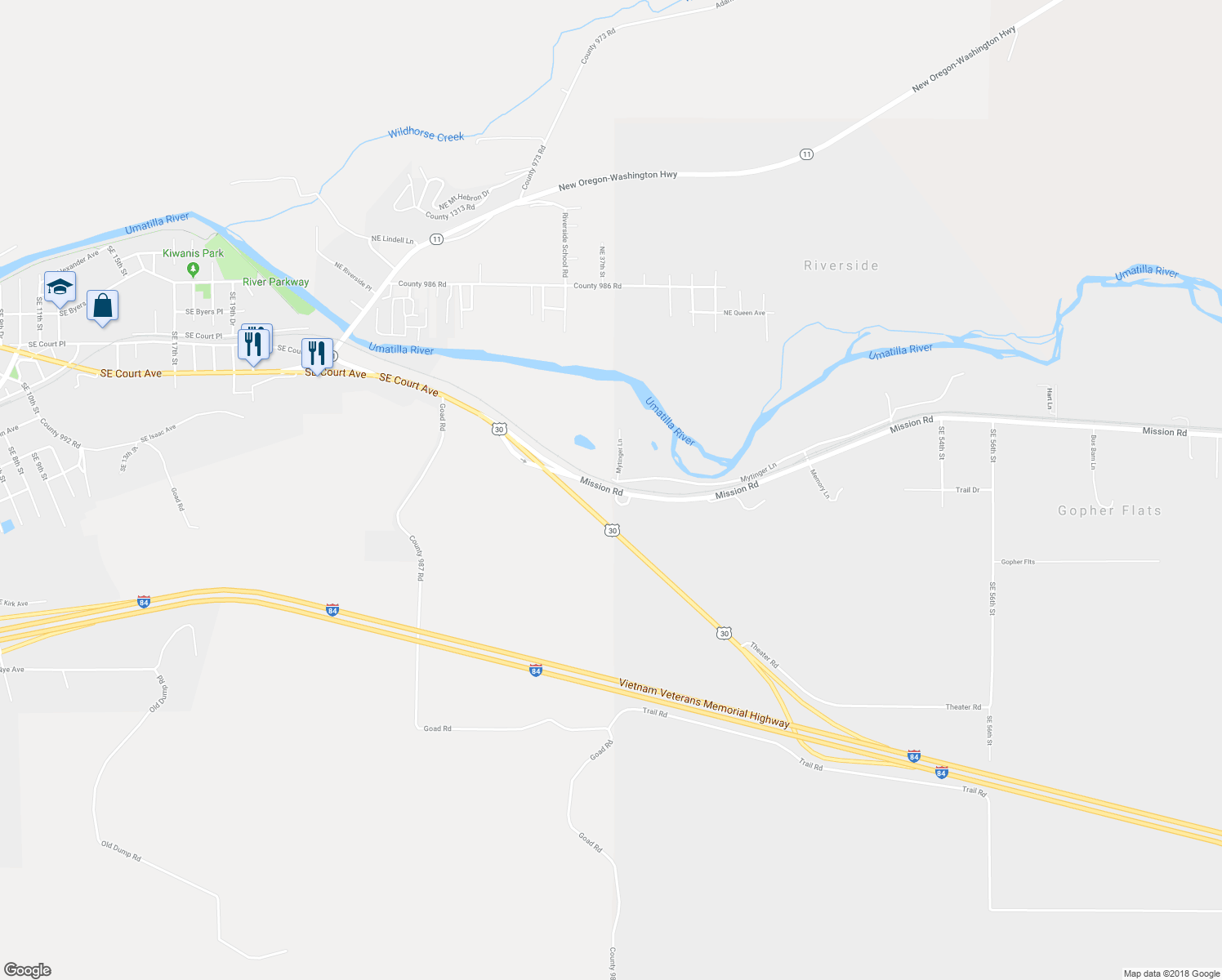map of restaurants, bars, coffee shops, grocery stores, and more near 44882 Mission Road in Pendleton