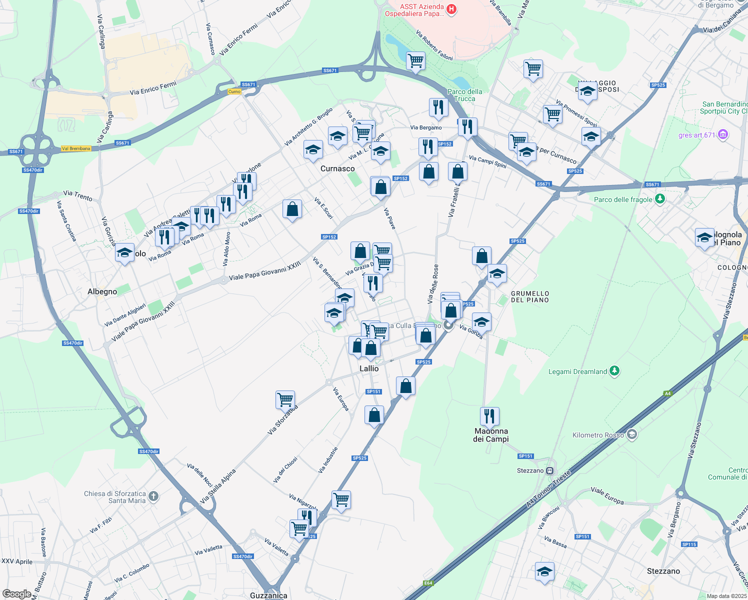 map of restaurants, bars, coffee shops, grocery stores, and more near 21 Via I Maggio in Lallio