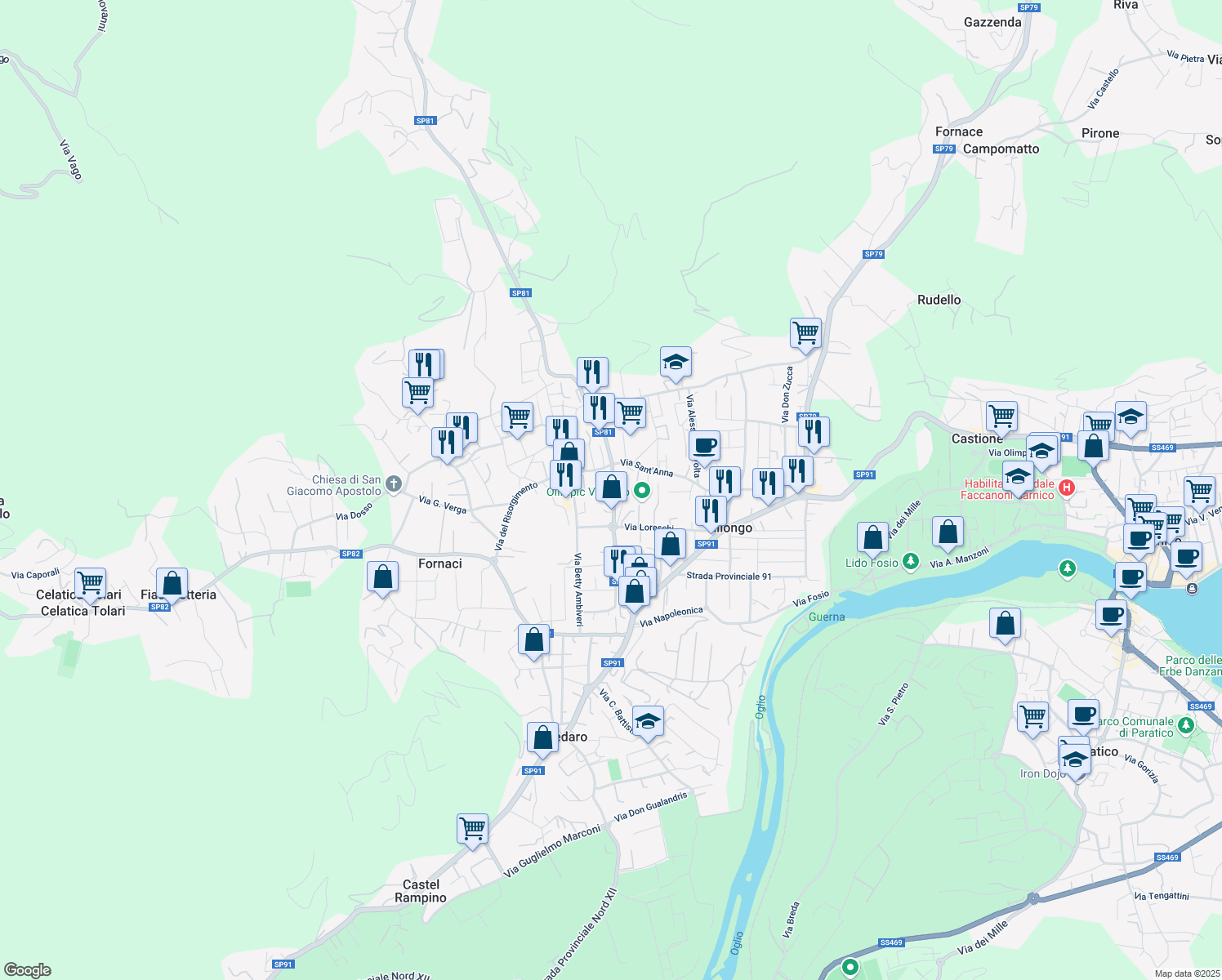 map of restaurants, bars, coffee shops, grocery stores, and more near Strada Provinciale 81 in Villongo