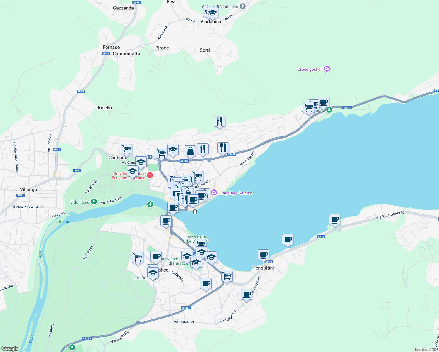 map of restaurants, bars, coffee shops, grocery stores, and more near in Sarnico
