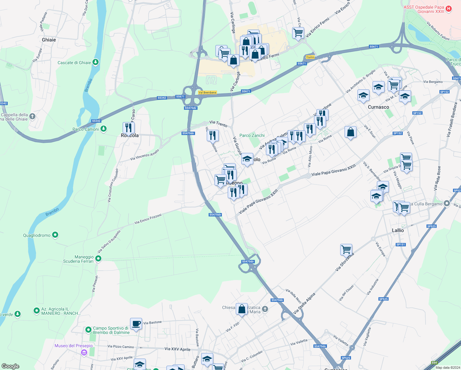 map of restaurants, bars, coffee shops, grocery stores, and more near in Treviolo