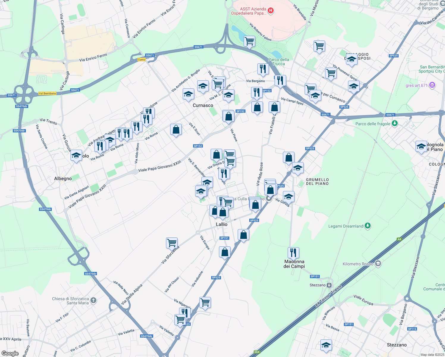 map of restaurants, bars, coffee shops, grocery stores, and more near 19-21 Via I Maggio in Lallio