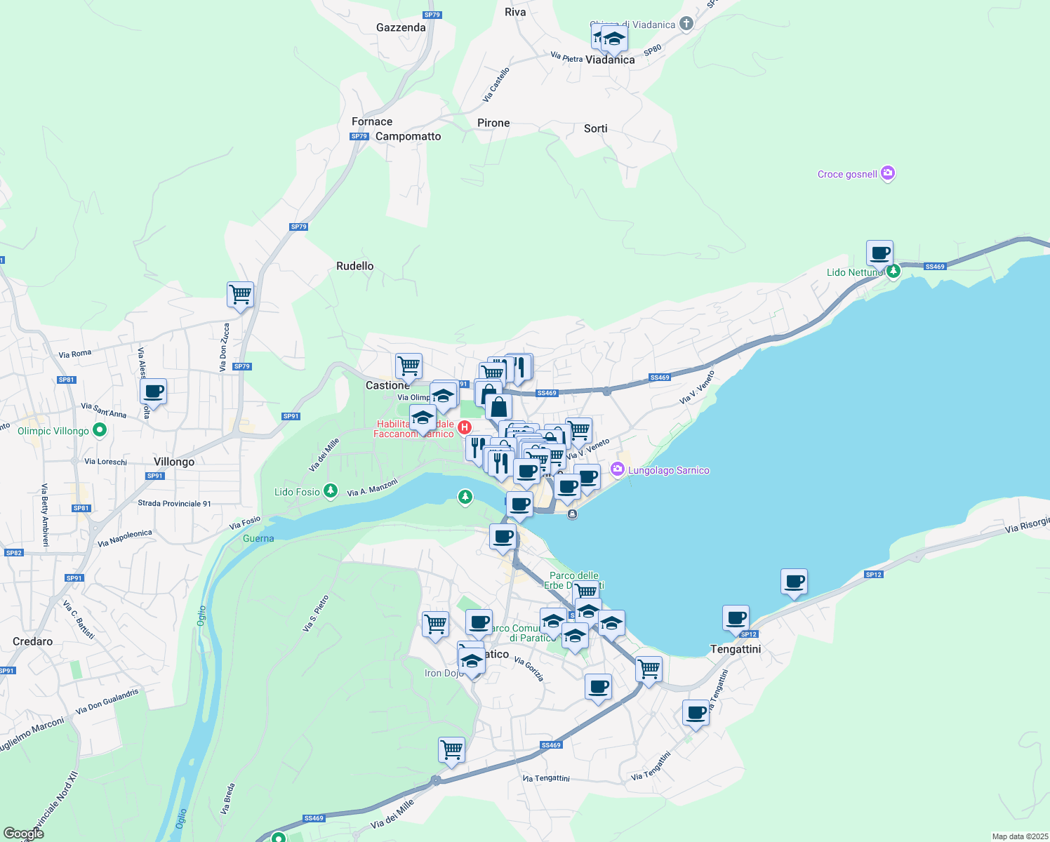 map of restaurants, bars, coffee shops, grocery stores, and more near 19 Via P. A. Faccanoni in Sarnico