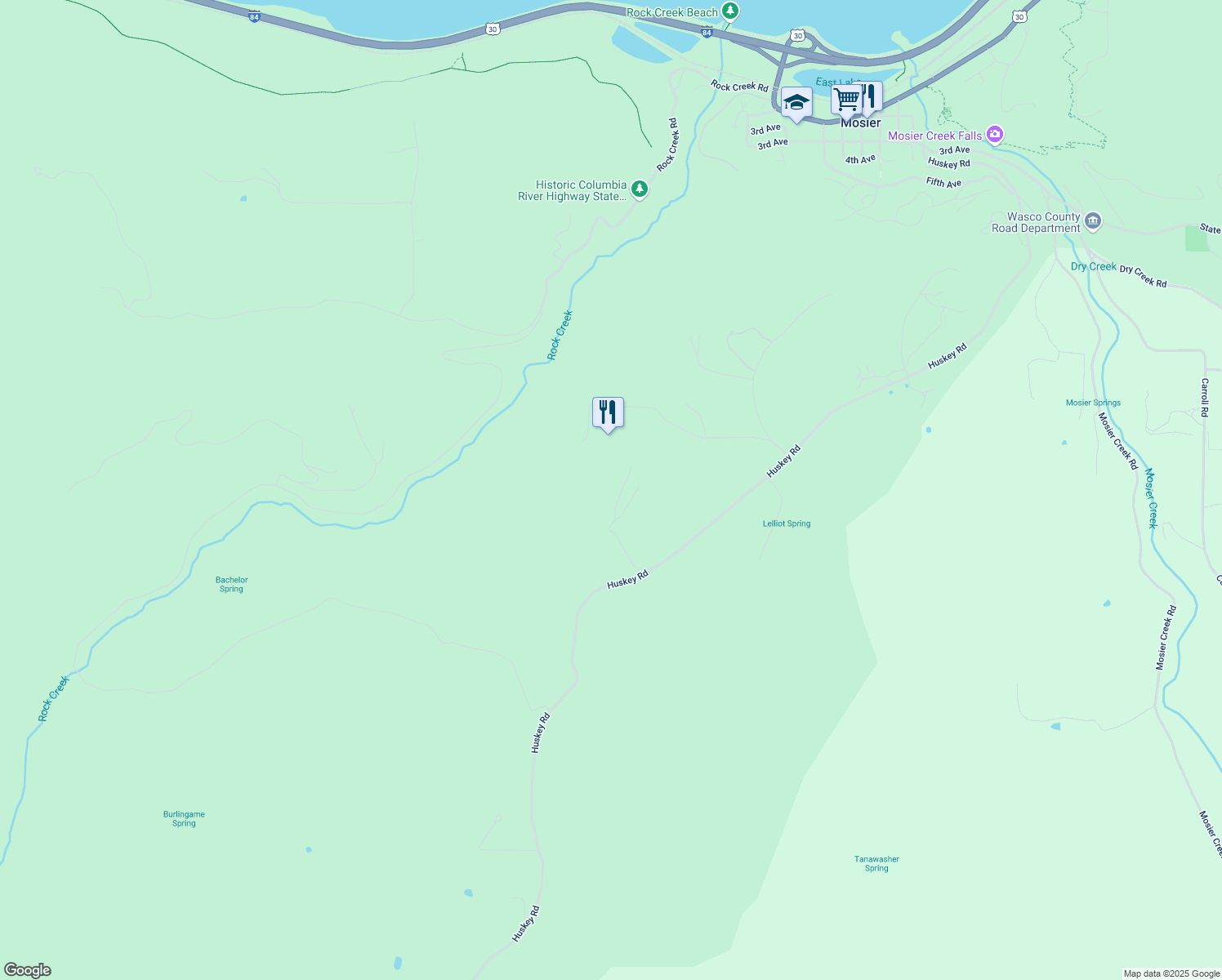 map of restaurants, bars, coffee shops, grocery stores, and more near 1120 Gem Lane in Mosier
