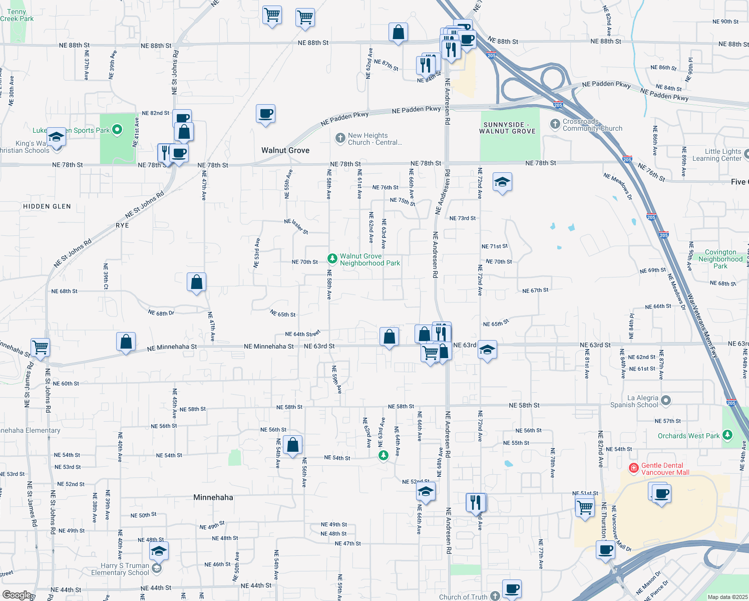 map of restaurants, bars, coffee shops, grocery stores, and more near 6211 NE 67th St in Vancouver