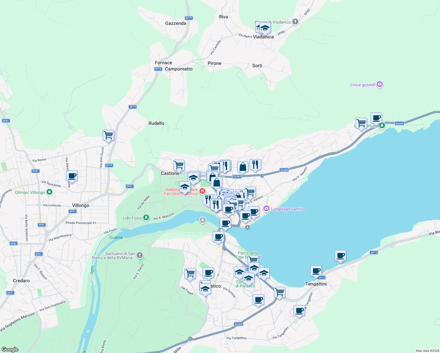map of restaurants, bars, coffee shops, grocery stores, and more near 6 SP ex Strada Statale 469 in Sarnico