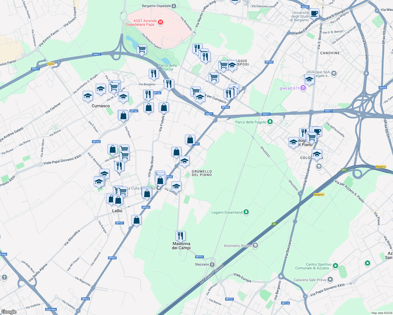 map of restaurants, bars, coffee shops, grocery stores, and more near Via F. Giovannelli in Bergamo