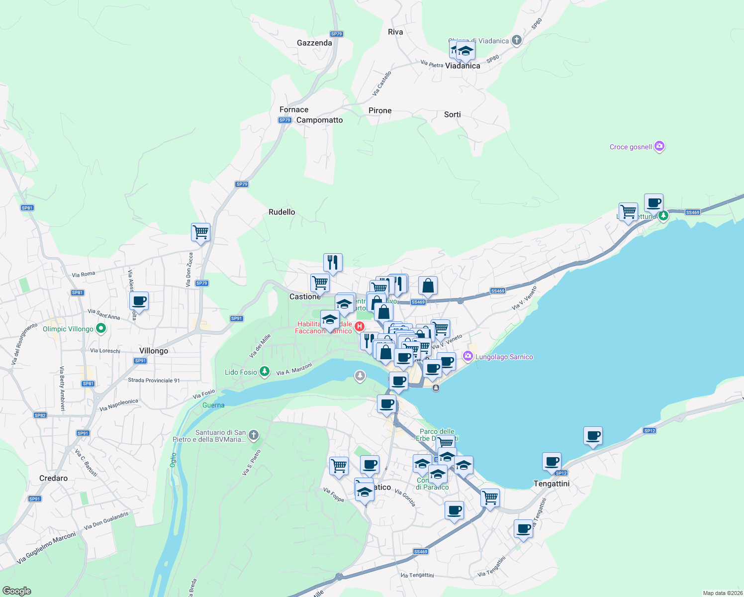 map of restaurants, bars, coffee shops, grocery stores, and more near 6 SP ex Strada Statale 469 in Sarnico