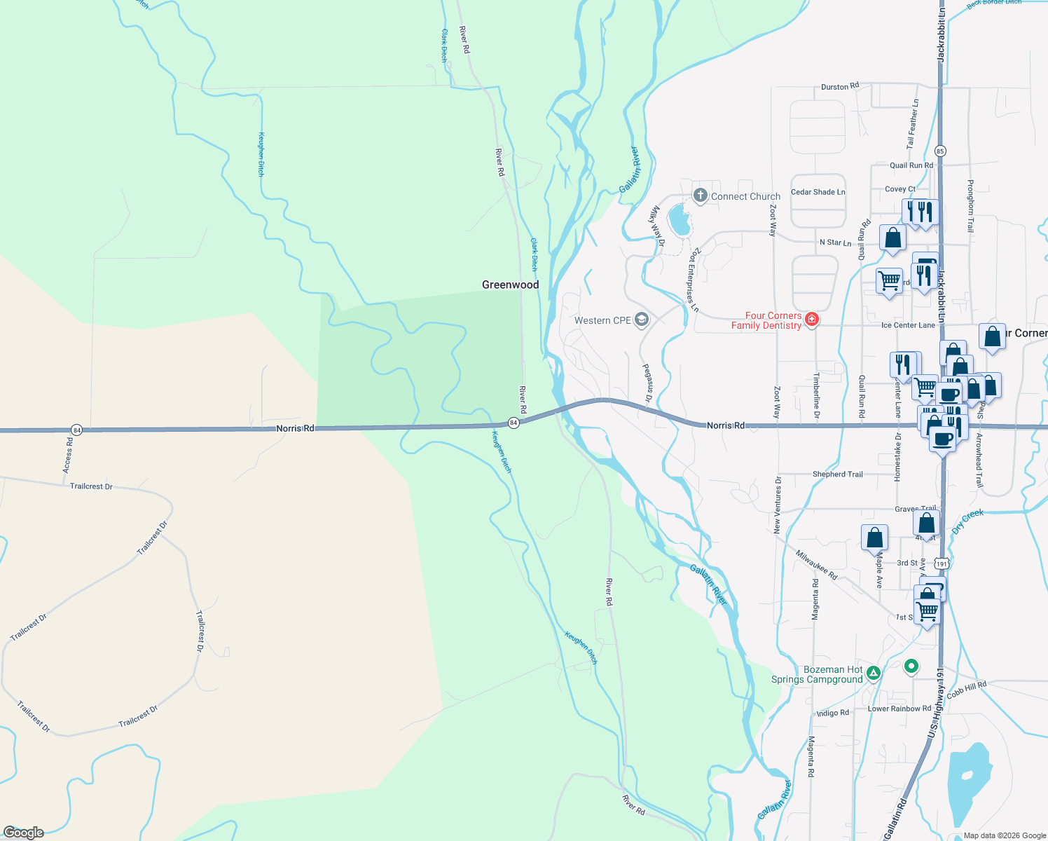 map of restaurants, bars, coffee shops, grocery stores, and more near 9299 River Road in Bozeman