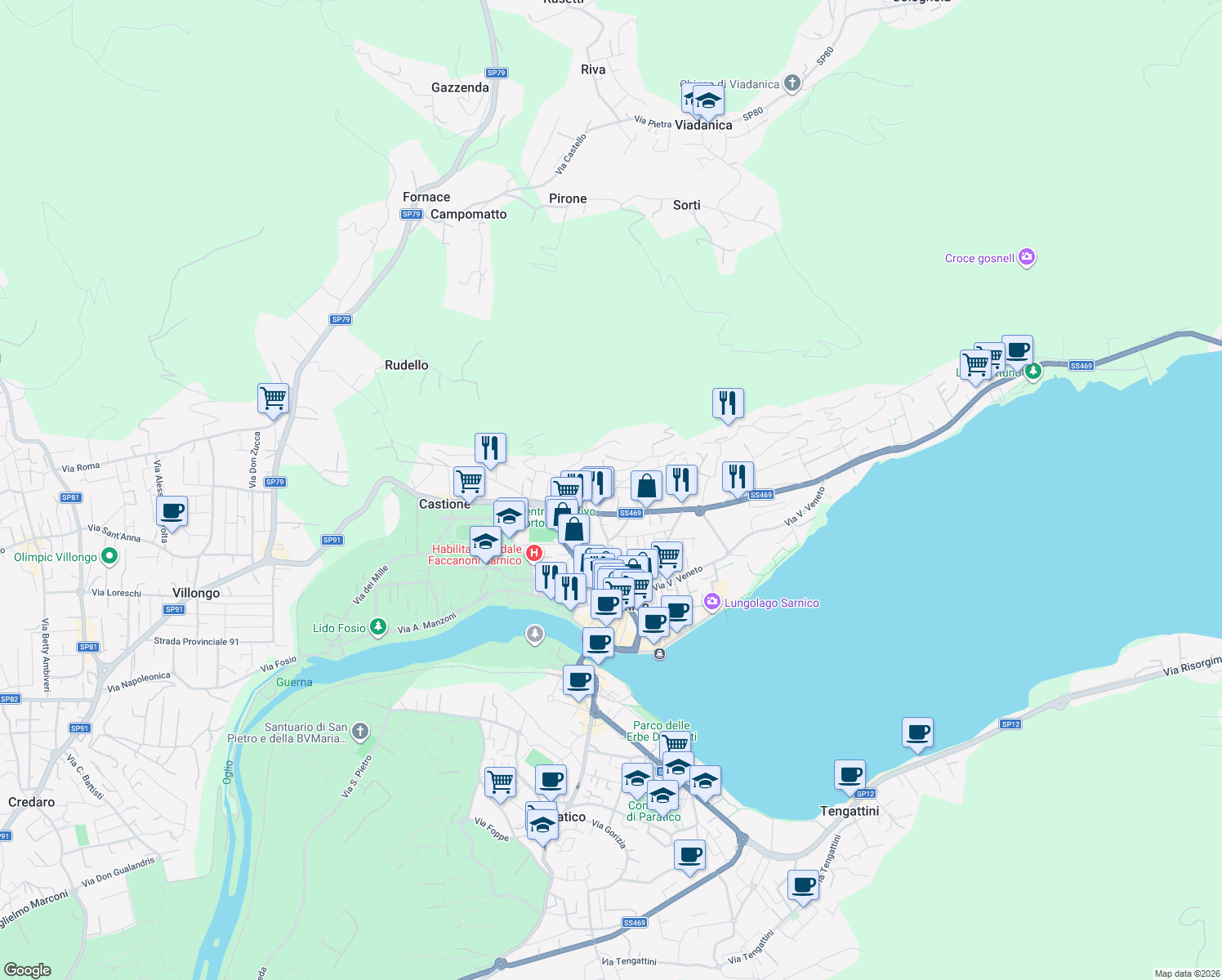 map of restaurants, bars, coffee shops, grocery stores, and more near 13 Via Alpini in Sarnico