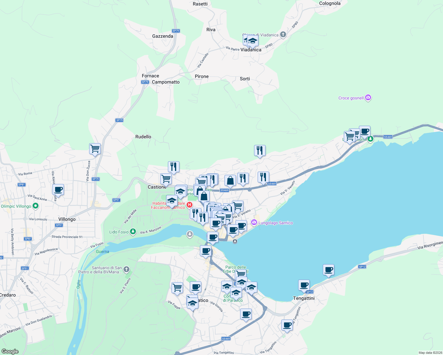 map of restaurants, bars, coffee shops, grocery stores, and more near 13 Via Alpini in Sarnico