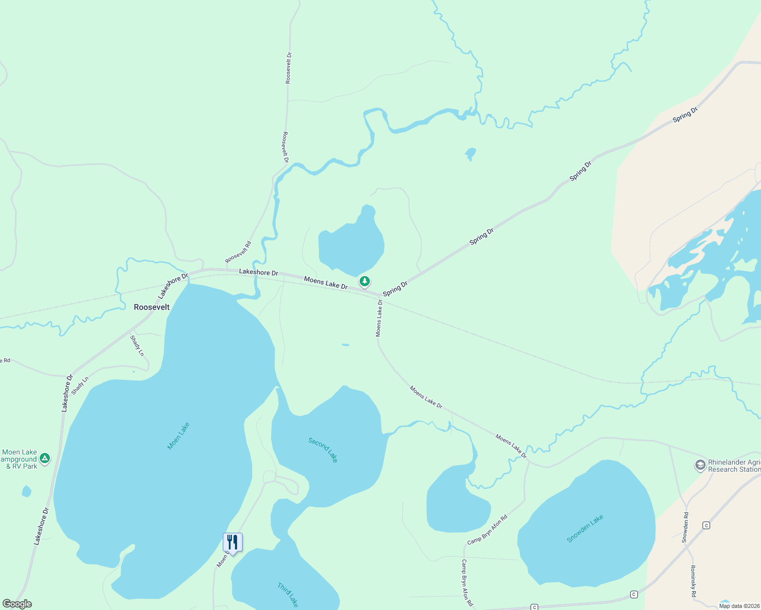 map of restaurants, bars, coffee shops, grocery stores, and more near 3598 Moens Lake Drive in Rhinelander