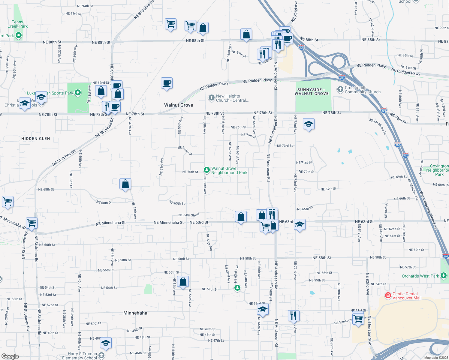 map of restaurants, bars, coffee shops, grocery stores, and more near 6104 Northeast 68th Street in Vancouver