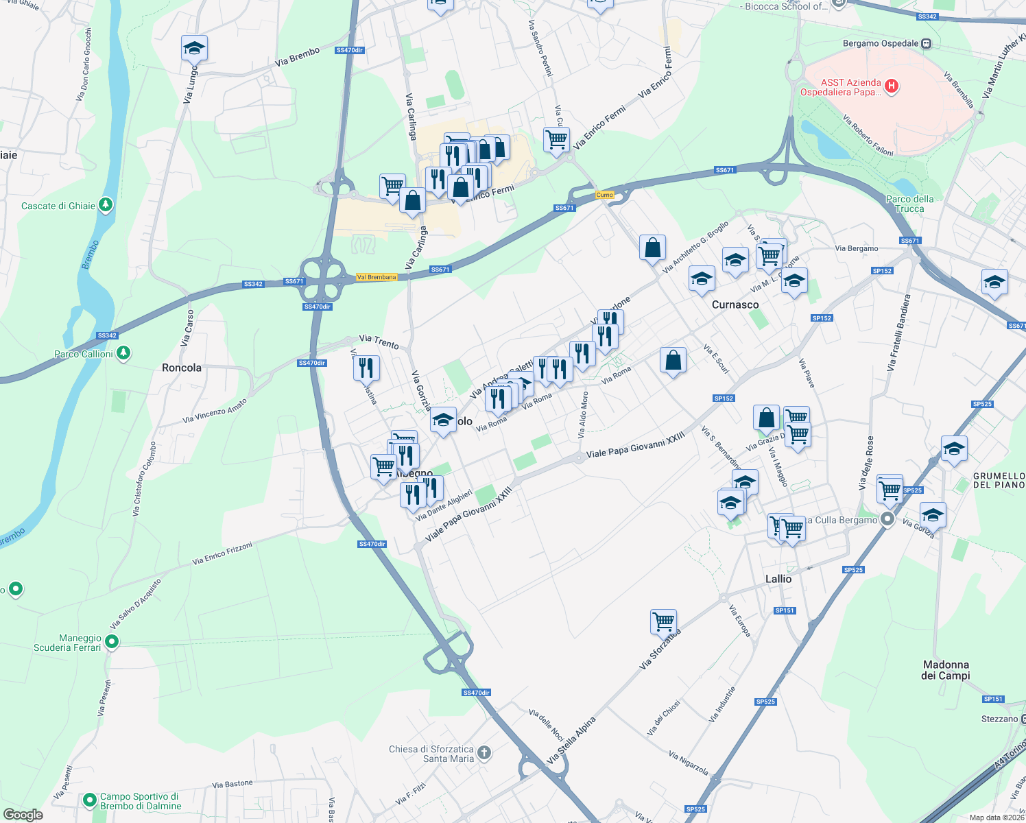 map of restaurants, bars, coffee shops, grocery stores, and more near 58 Via Roma in Treviolo