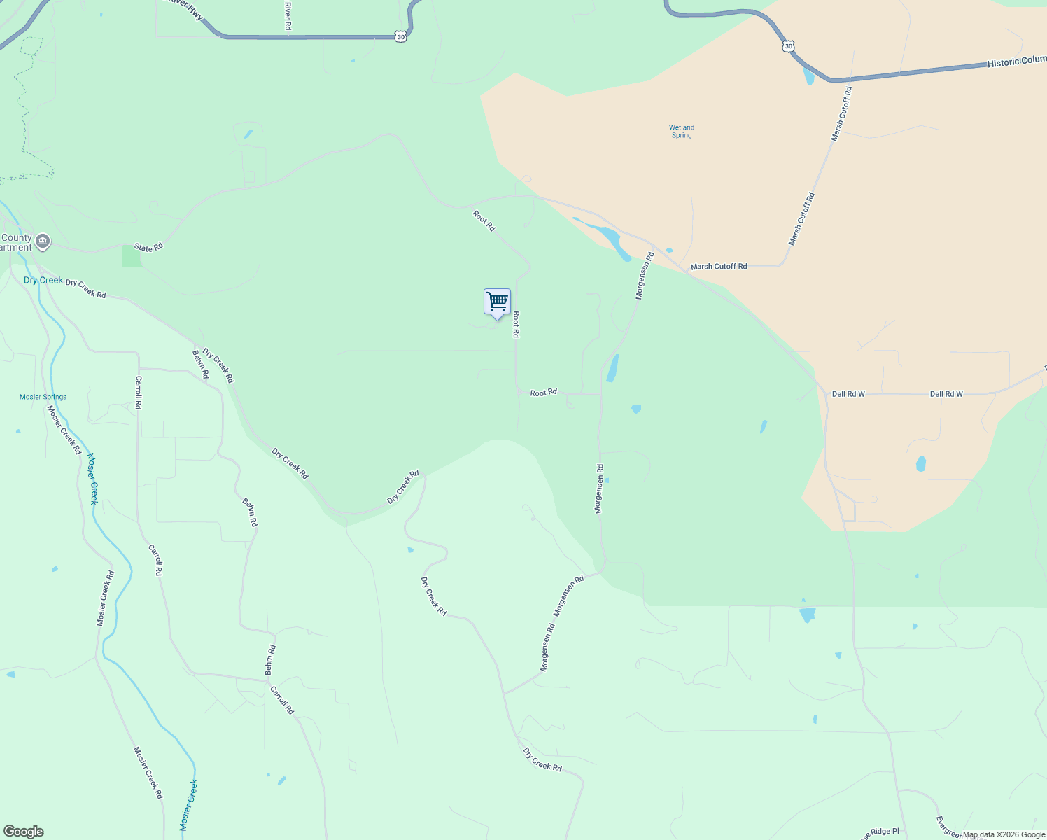 map of restaurants, bars, coffee shops, grocery stores, and more near 1300 Root Road in Mosier