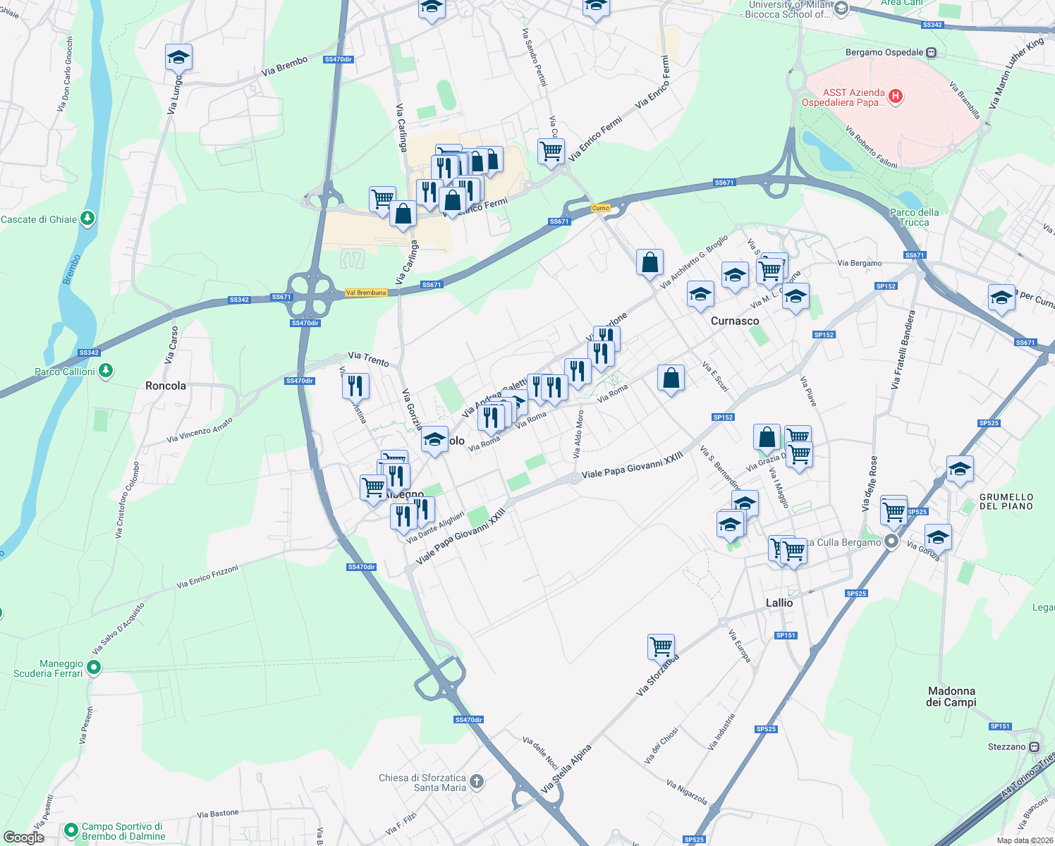 map of restaurants, bars, coffee shops, grocery stores, and more near 58 Via Roma in Treviolo