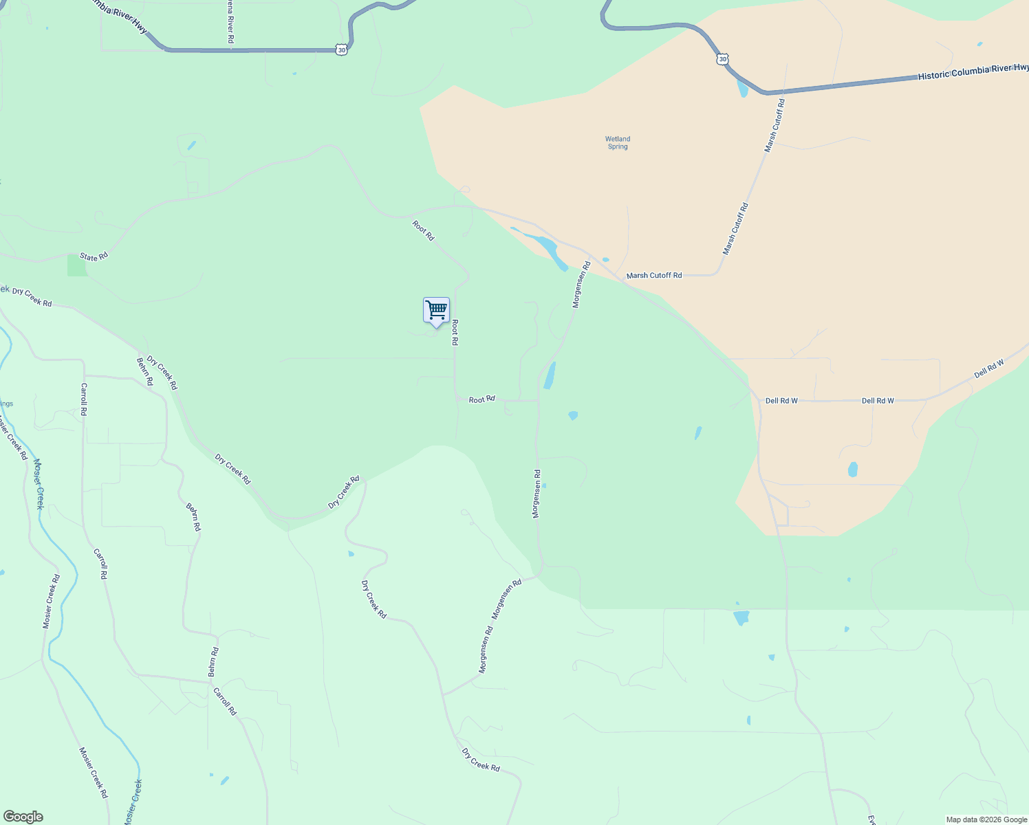 map of restaurants, bars, coffee shops, grocery stores, and more near 1225 Root Road in Mosier