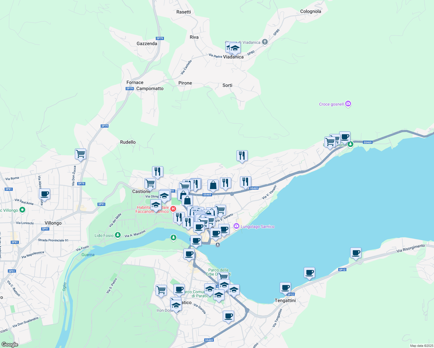 map of restaurants, bars, coffee shops, grocery stores, and more near 18A Via Febo e Isacco Arcangeli in Sarnico