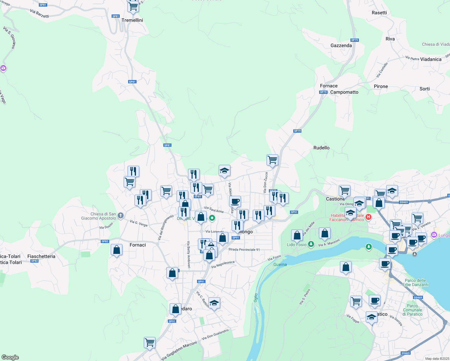 map of restaurants, bars, coffee shops, grocery stores, and more near 39 Via Roma in Villongo