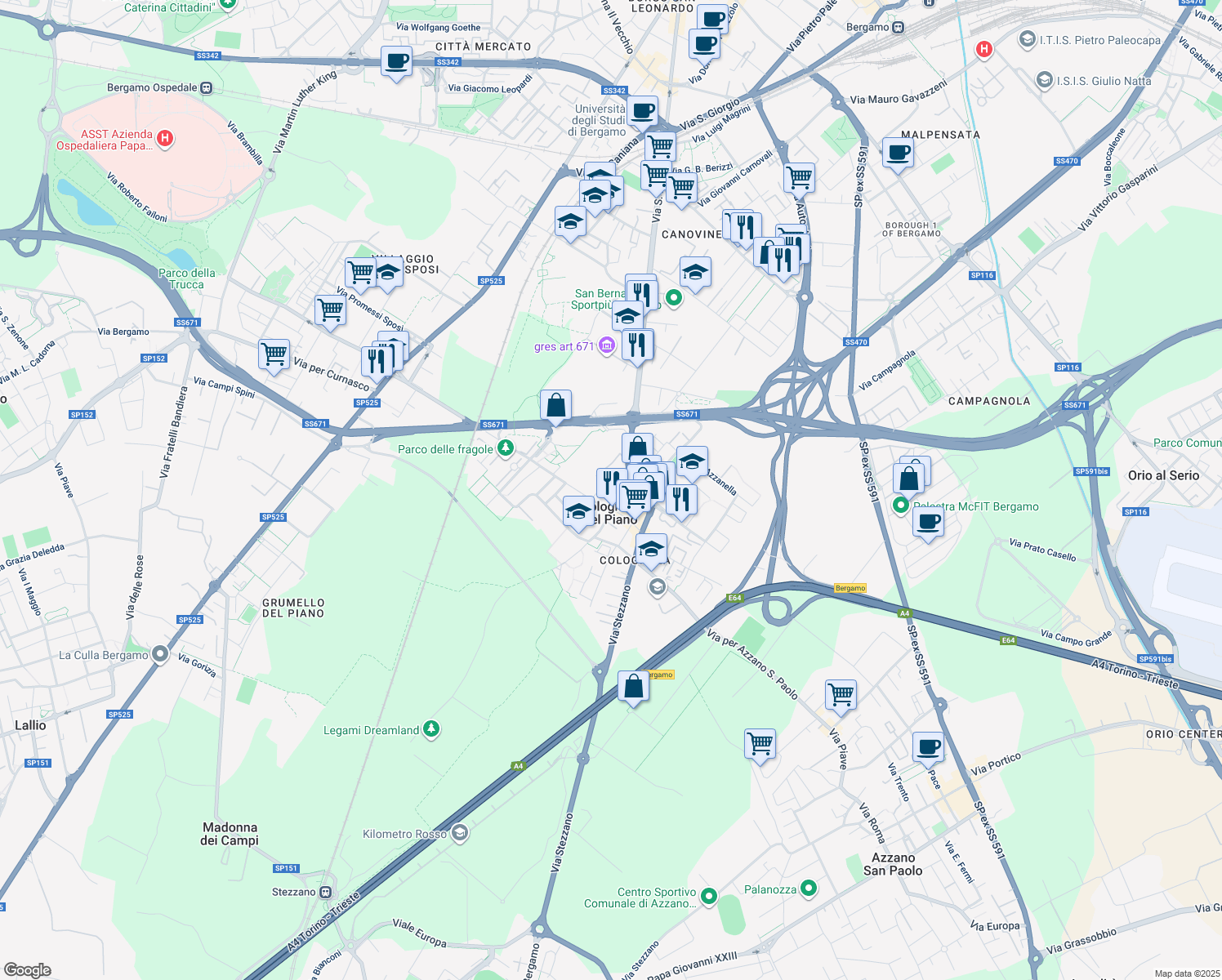 map of restaurants, bars, coffee shops, grocery stores, and more near 15 Via Carlo Alberto in Bergamo