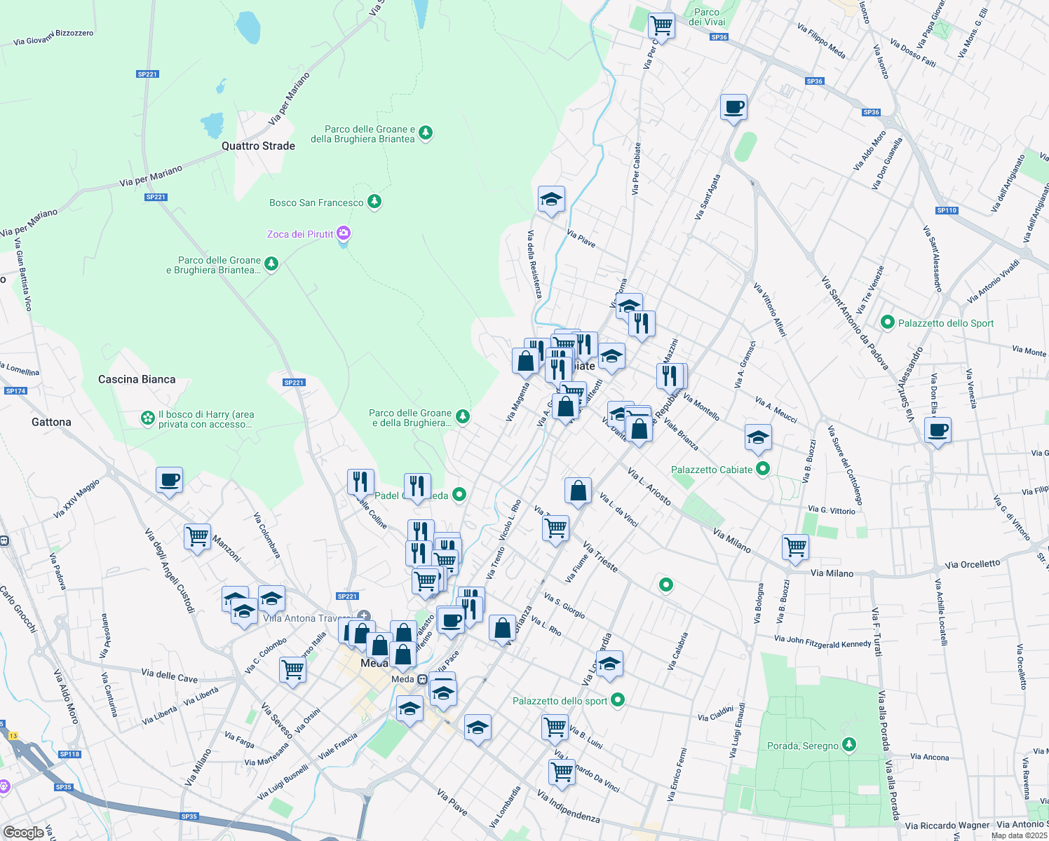 map of restaurants, bars, coffee shops, grocery stores, and more near 6 Via Giuseppe Parini in Cabiate