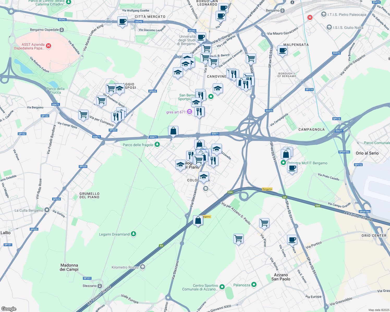 map of restaurants, bars, coffee shops, grocery stores, and more near 15 Via Carlo Alberto in Bergamo