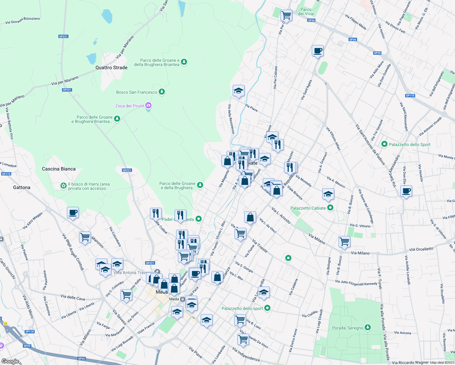 map of restaurants, bars, coffee shops, grocery stores, and more near 6 Via Giuseppe Parini in Cabiate