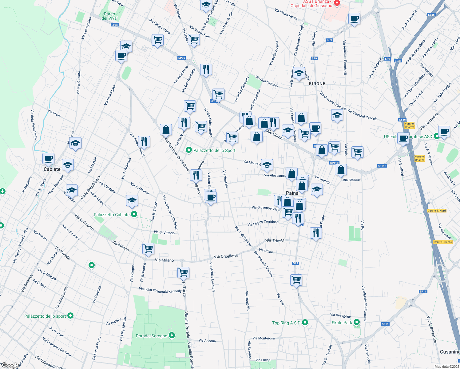 map of restaurants, bars, coffee shops, grocery stores, and more near 44 Via Vicenza in Paìna