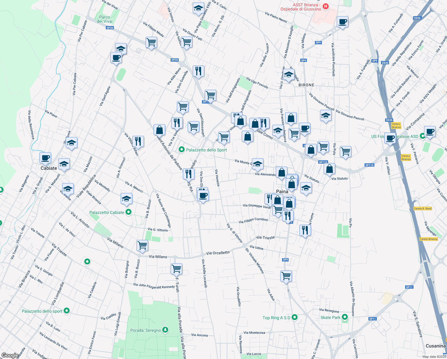 map of restaurants, bars, coffee shops, grocery stores, and more near 44 Via Vicenza in Paìna