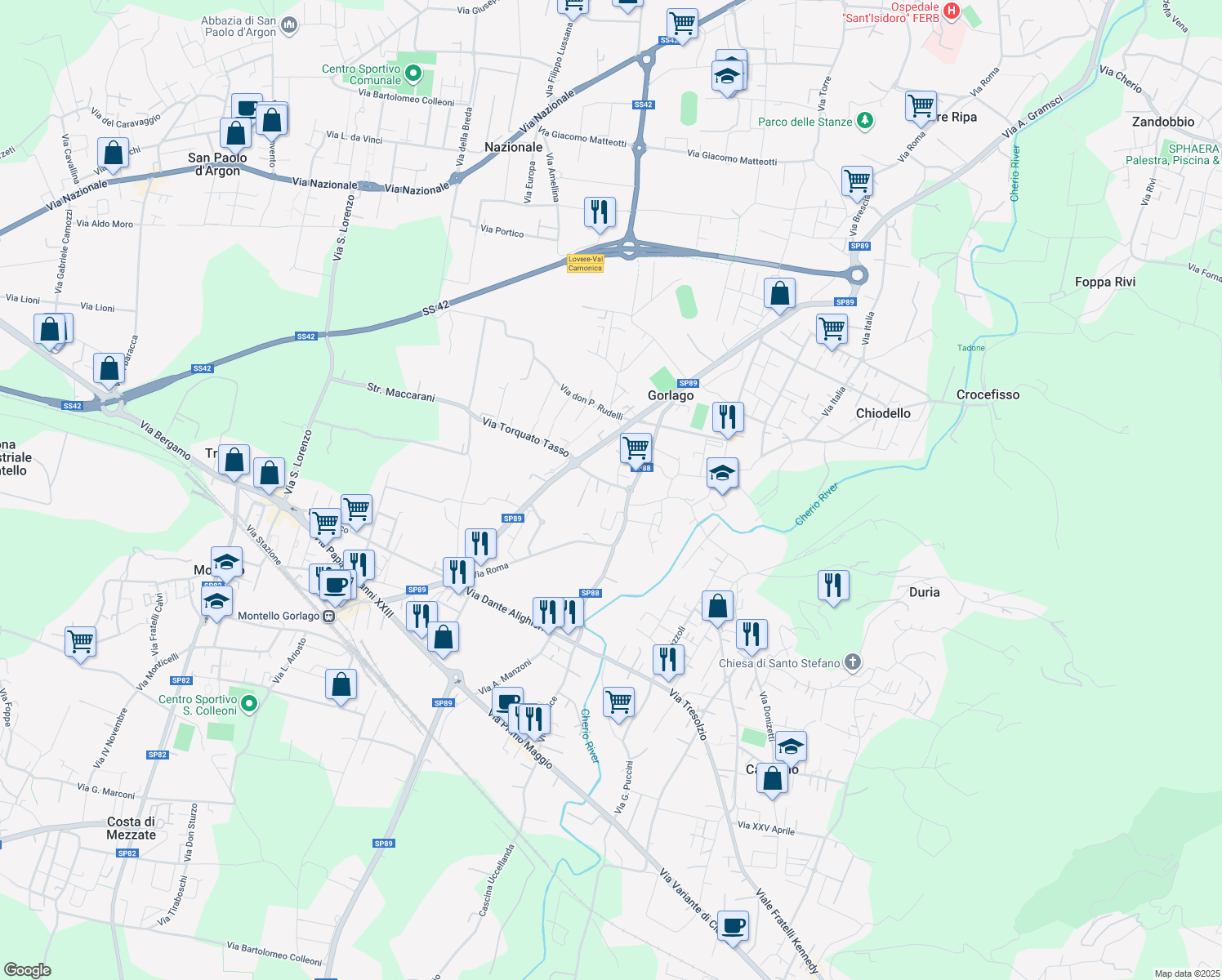 map of restaurants, bars, coffee shops, grocery stores, and more near 3B Via Torquato Tasso in Gorlago