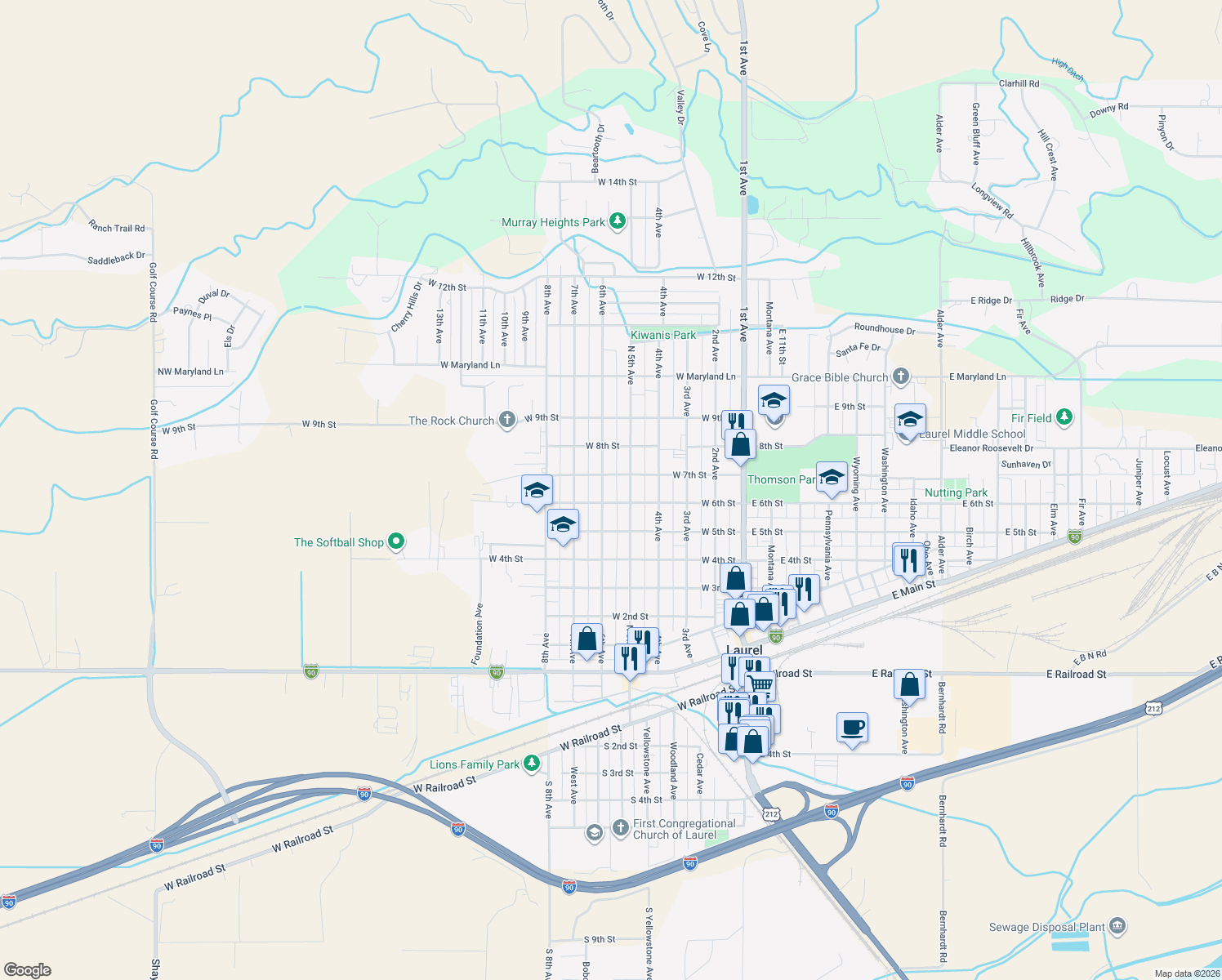 map of restaurants, bars, coffee shops, grocery stores, and more near 609 6th Ave in Laurel