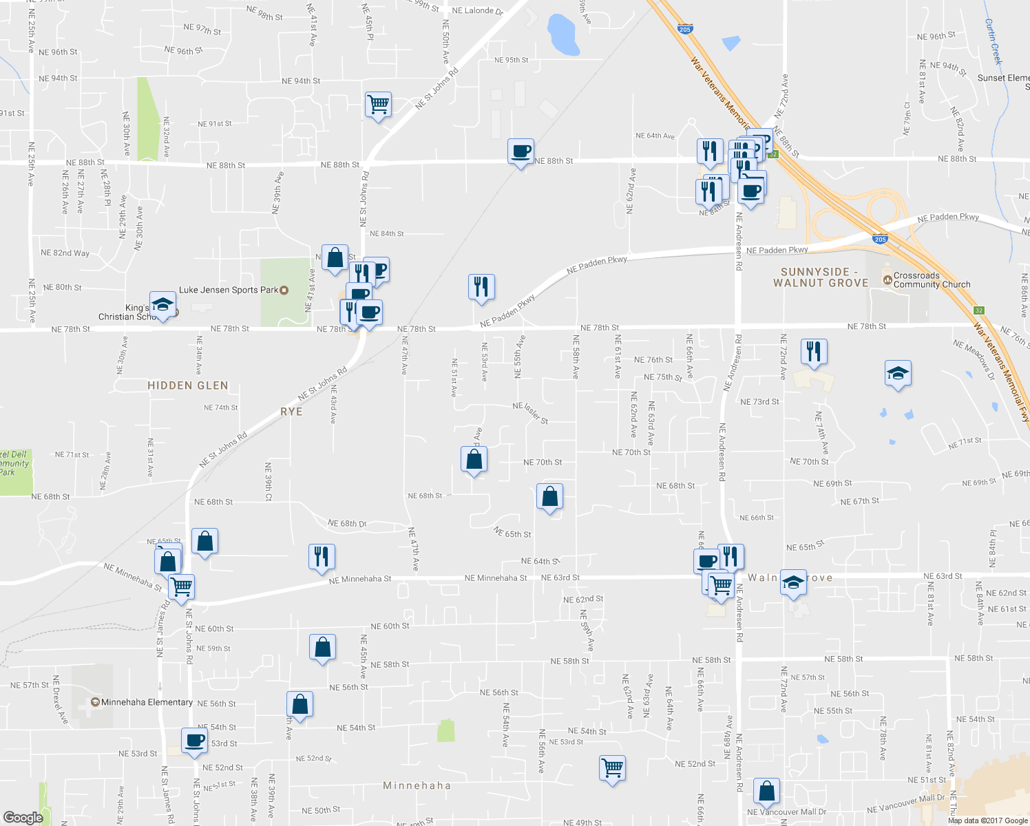 map of restaurants, bars, coffee shops, grocery stores, and more near 5421 Northeast Issler Street in Vancouver