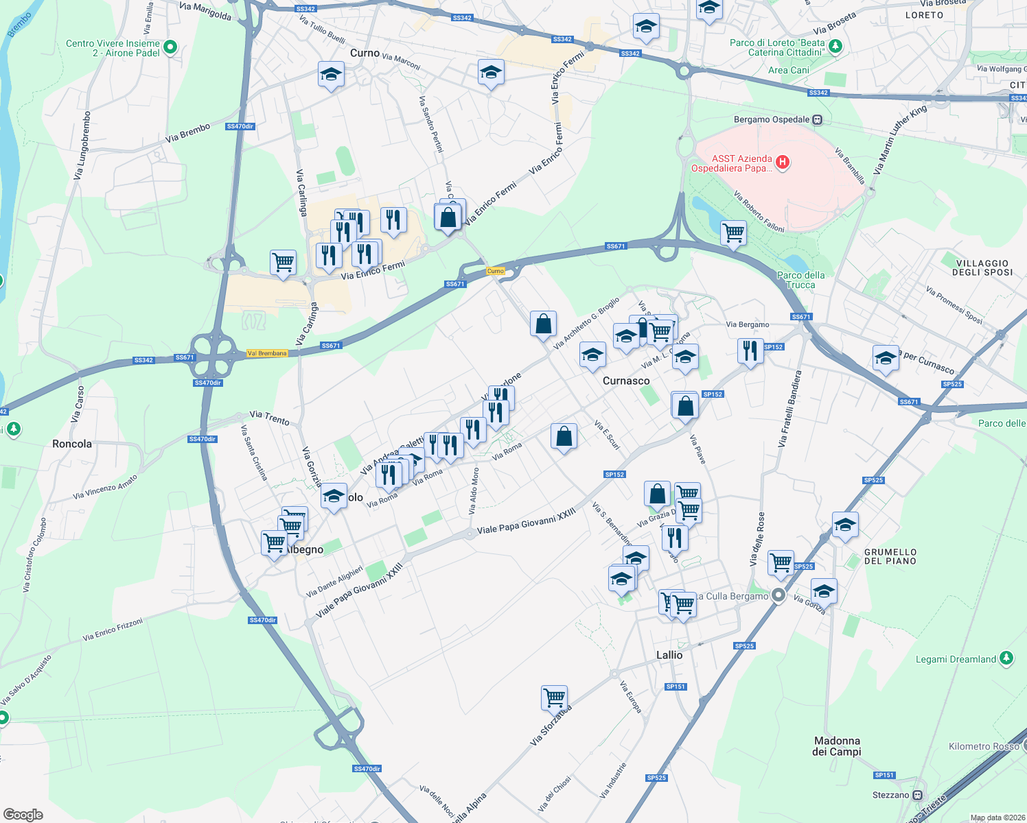 map of restaurants, bars, coffee shops, grocery stores, and more near 2 Vicolo dei Frassini in Treviolo